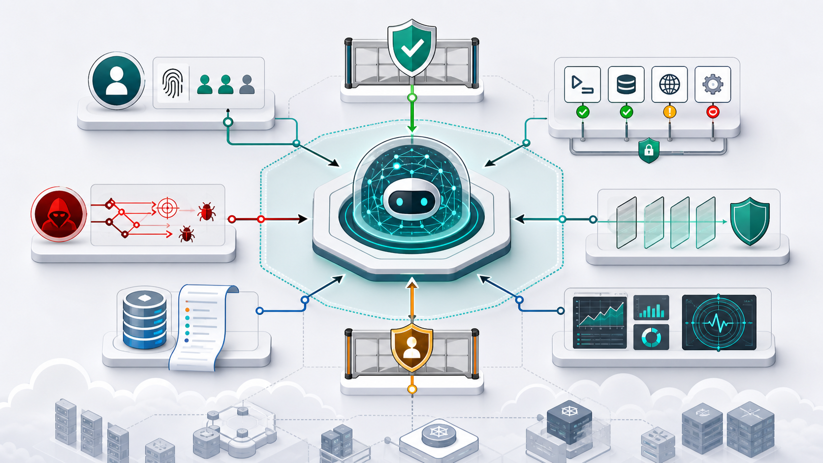 Diagram-style image of an AI agent control plane with identities, tool permissions, red teaming, guardrails and audit logs