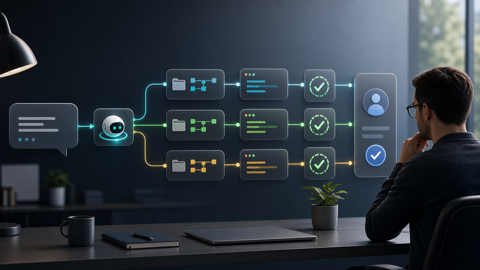 AI agent workflow moving from prompt to repository, tools, tests and human review.