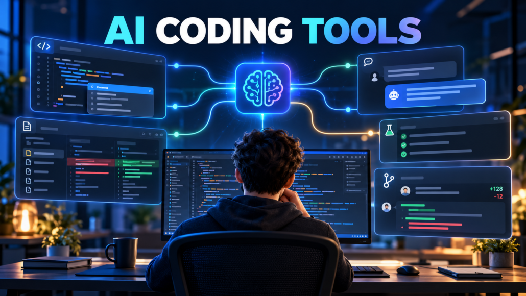 Developer reviewing code, tests and pull-request changes with AI coding tools