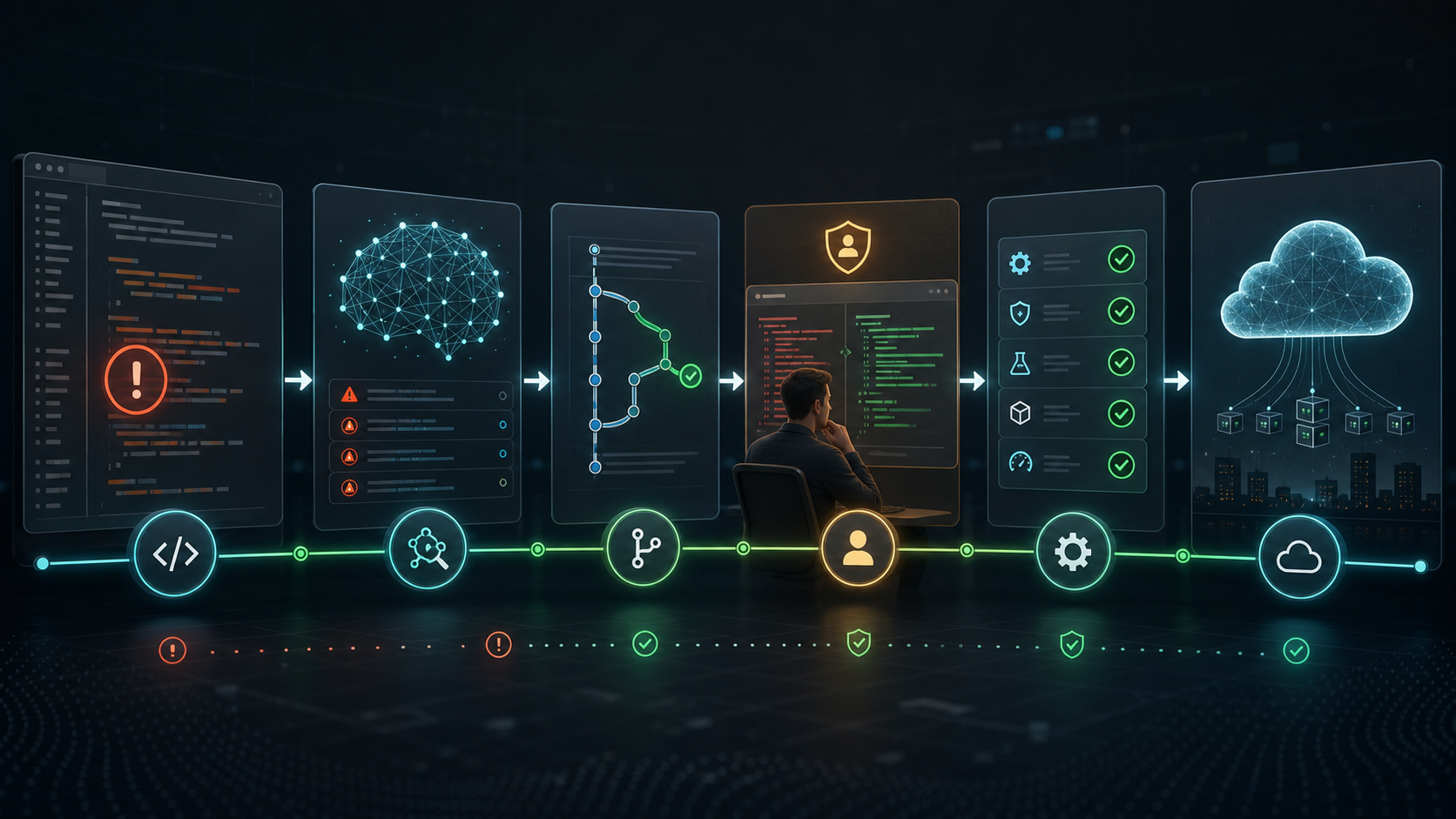 AI cyber defense workflow showing vulnerability discovery, human review, CI/CD patch testing, and production deployment