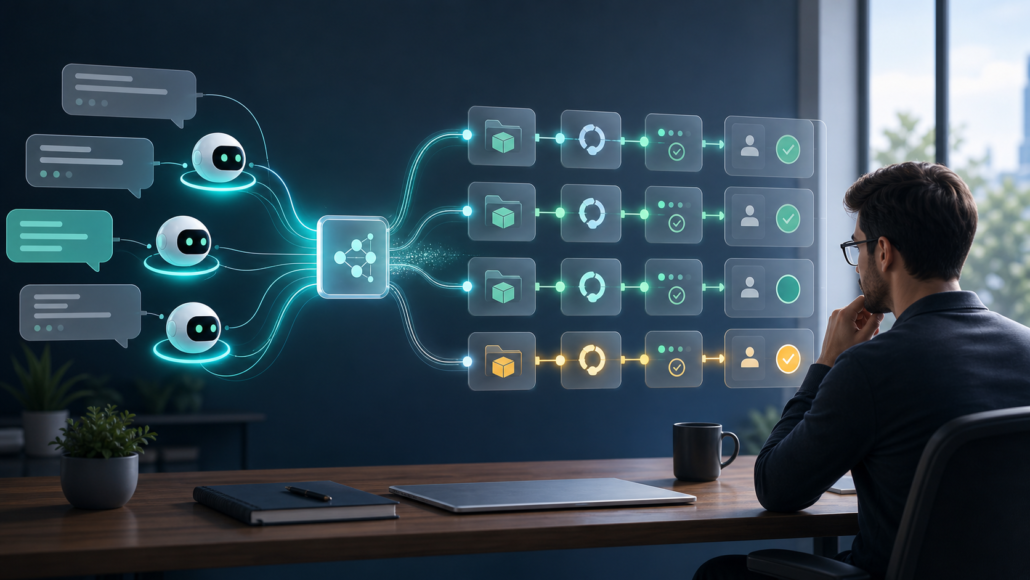 Editorial illustration of AI agents moving from chat prompts into managed developer workflows.