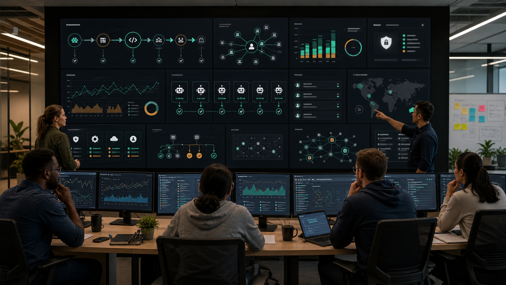 Platform engineers monitoring AI-assisted delivery, observability, security and evaluation workflows