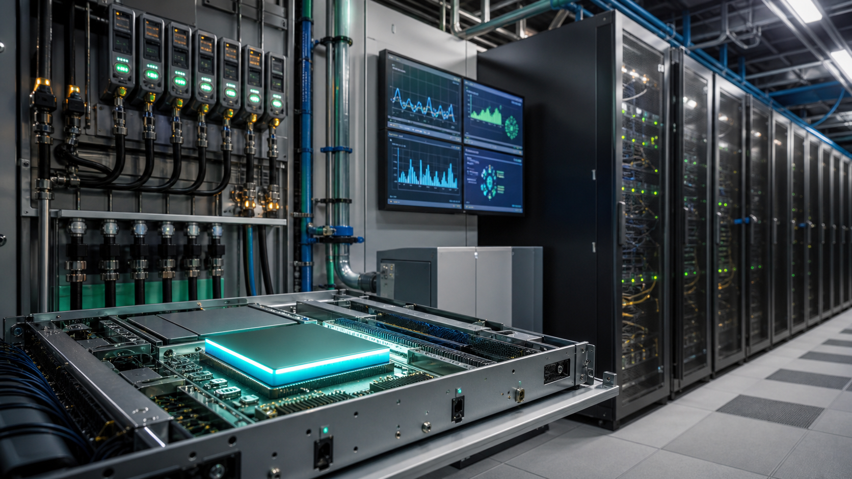 Server rack tray with a glowing AI accelerator module beside power, cooling and monitoring infrastructure