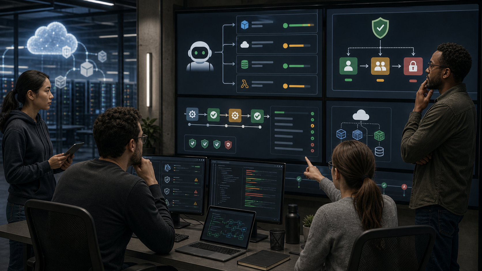 Platform and DevOps engineers reviewing AI agent actions, cloud access, CI checks and approval gates