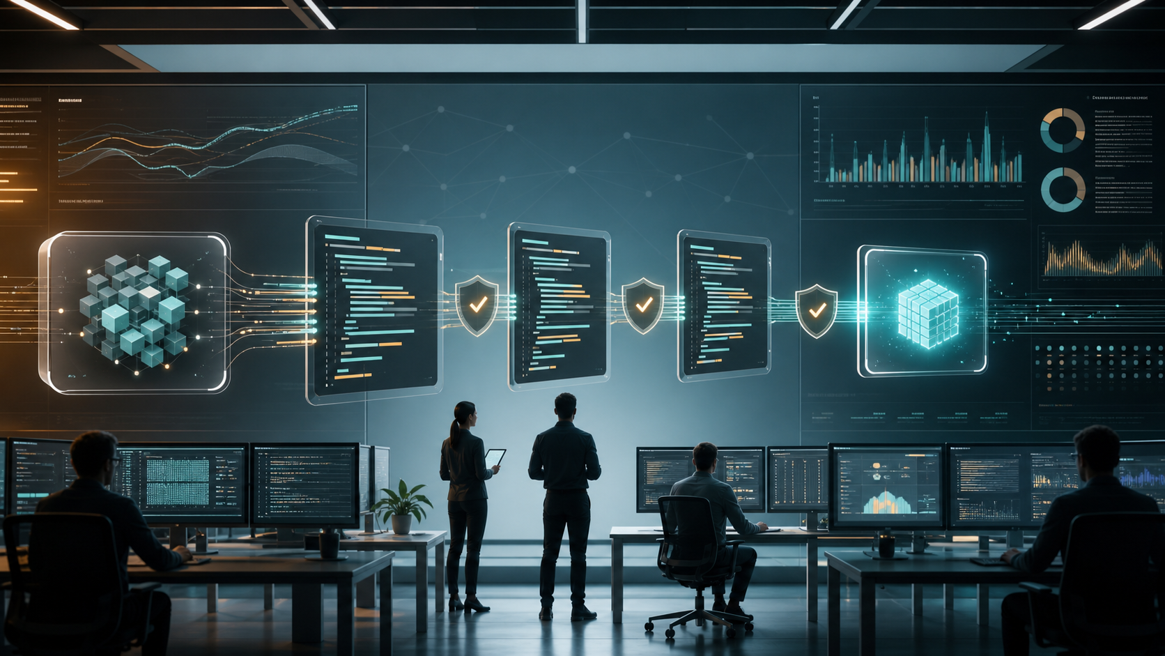 Enterprise AI coding workflow with model governance and monitoring screens