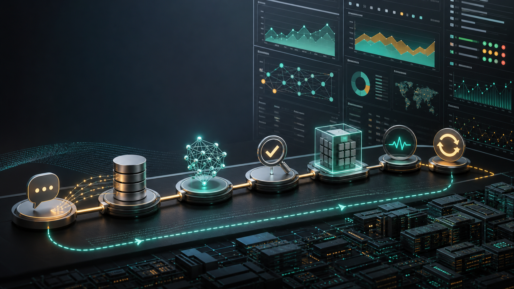 LLMOps production pipeline thumbnail with dashboards, model lifecycle stages, and AI operations signals