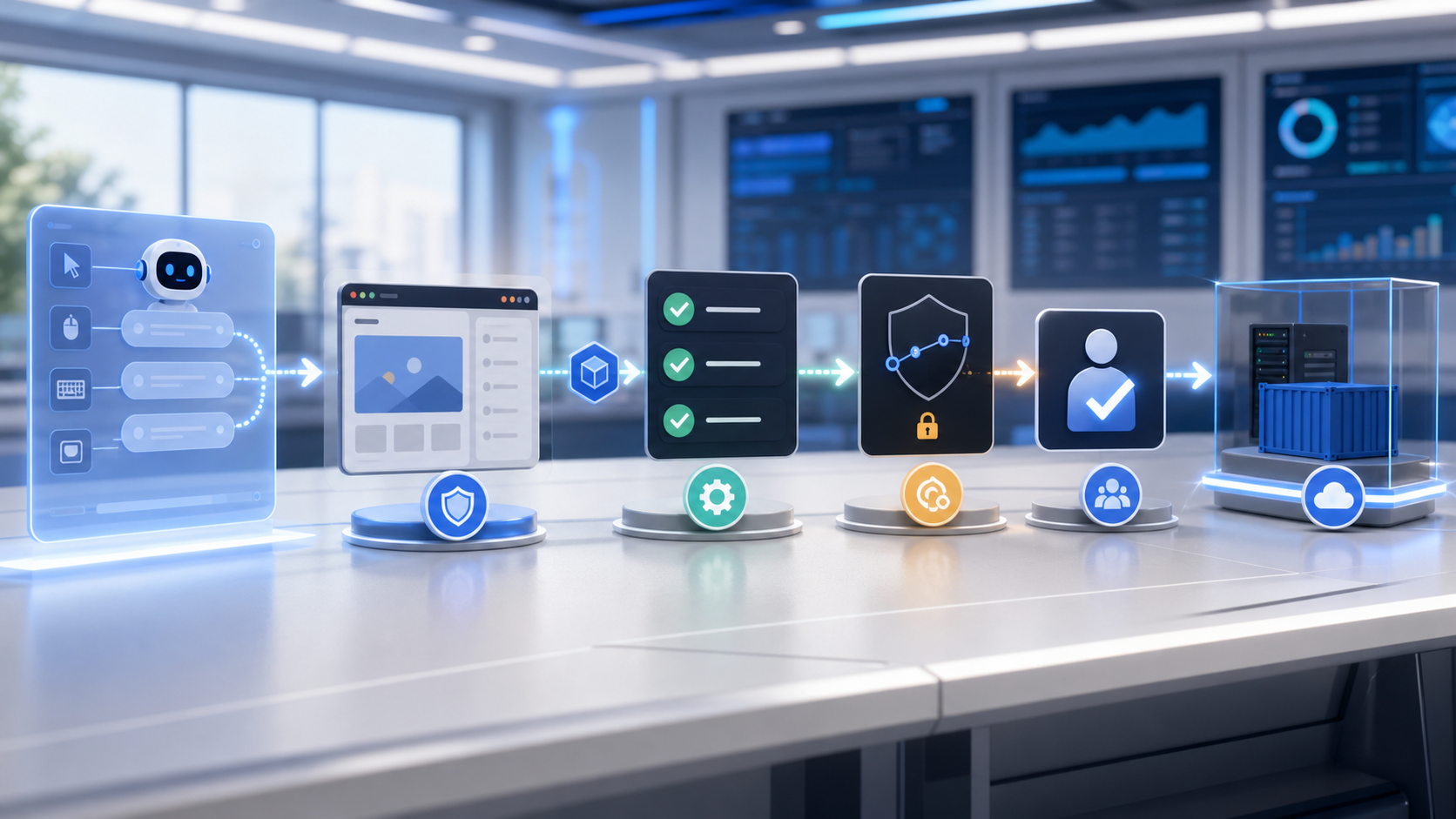 Computer-use agent workflow moving through sandbox testing, safety checks and human approval gates