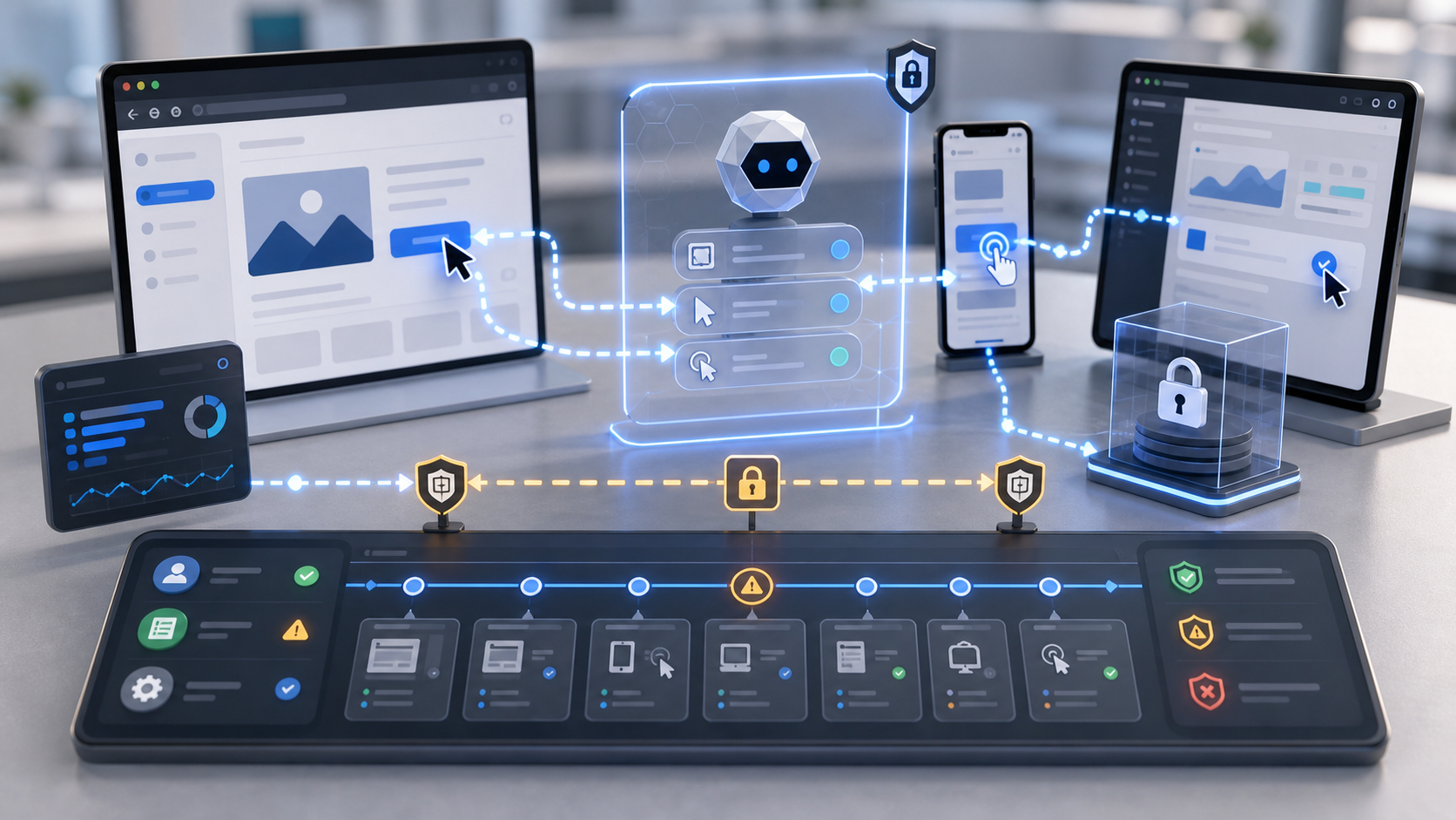 AI agent performing web and mobile UI actions with audit trails and permission boundaries