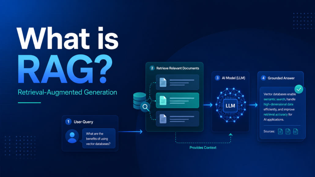Featured image for What is RAG showing the retrieval-augmented generation workflow from user query to grounded answer.