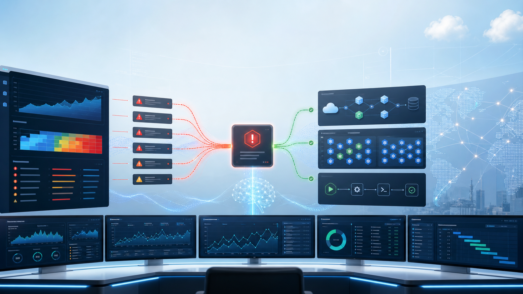 AIOps command center showing alert correlation, cloud services, Kubernetes monitoring, and automated operations workflows
