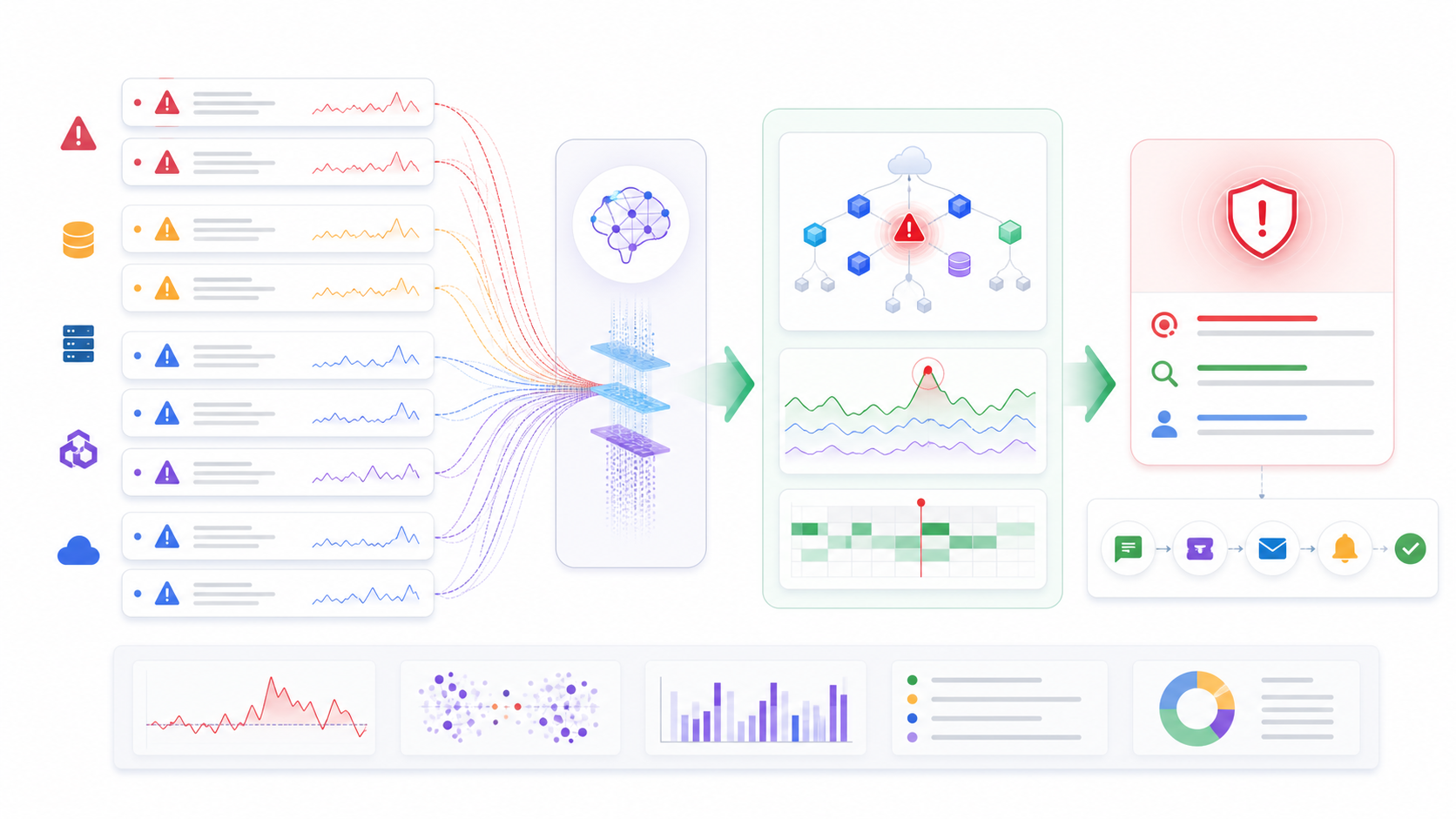 AIOps alert correlation workflow turning noisy alerts, logs, metrics, and traces into one prioritized incident with root cause context