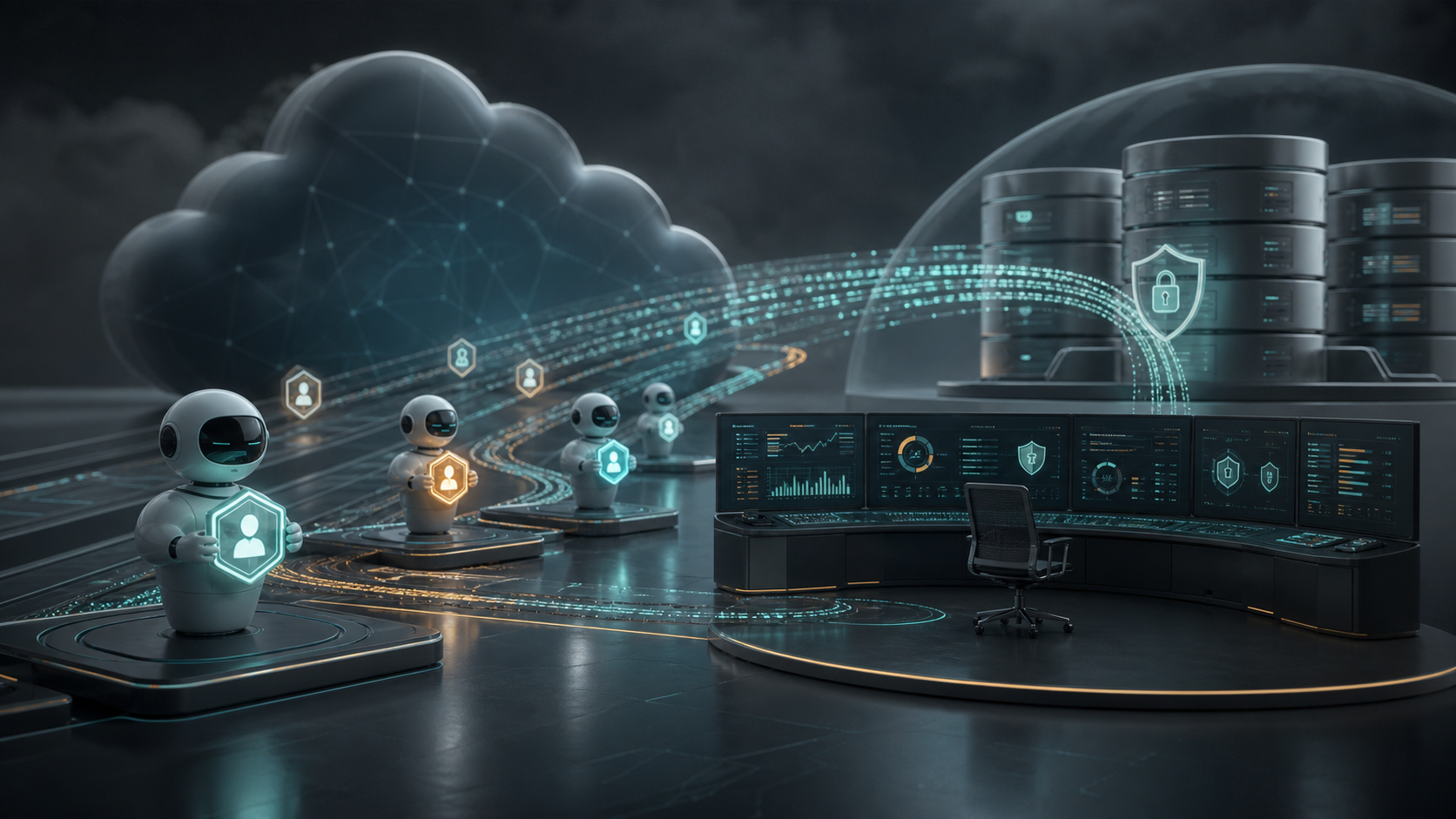 Operations dashboard showing AI agent identities audit trails and protected cloud data