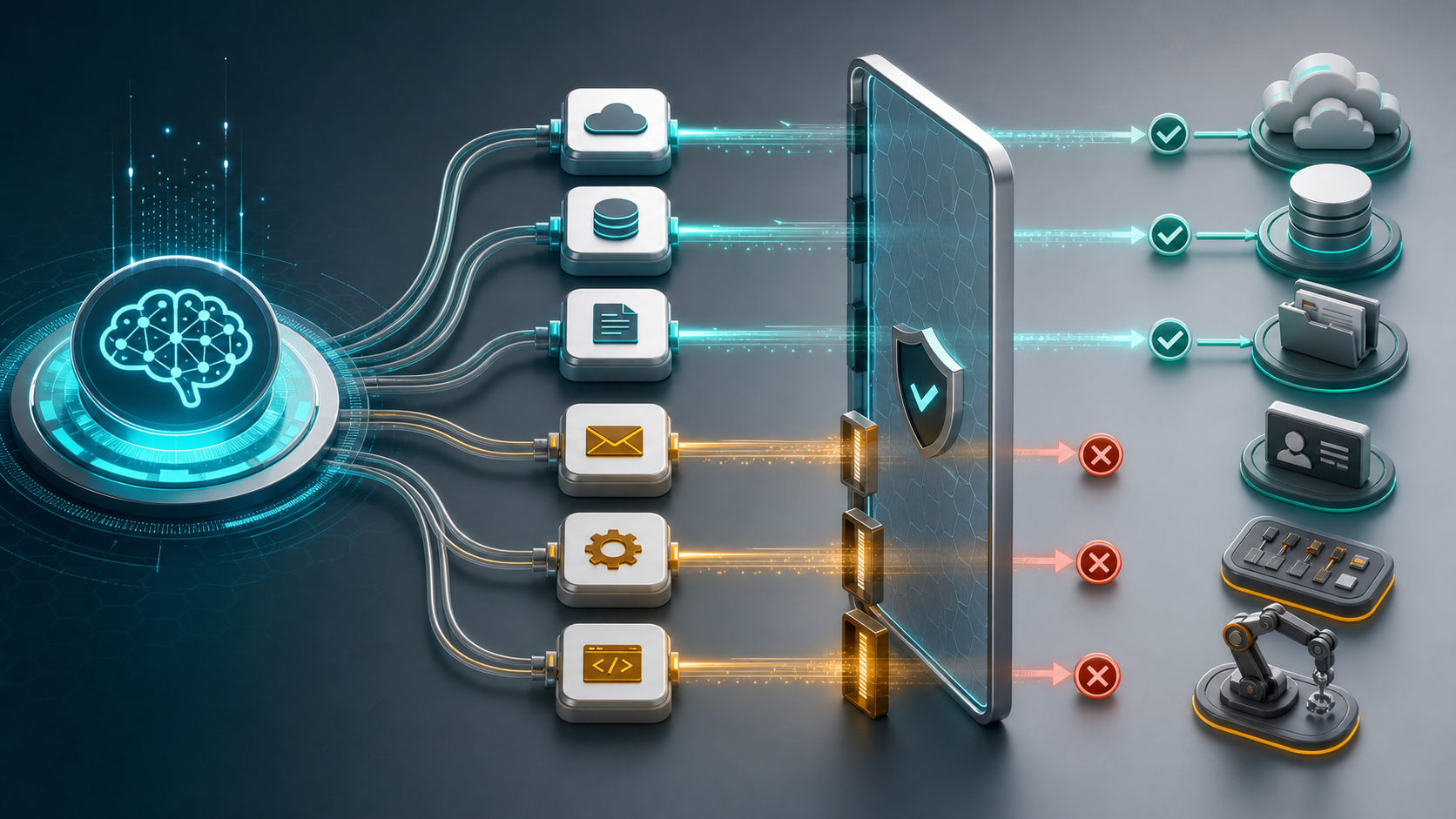 AI agent tool calls passing through allowed and blocked perimeter controls