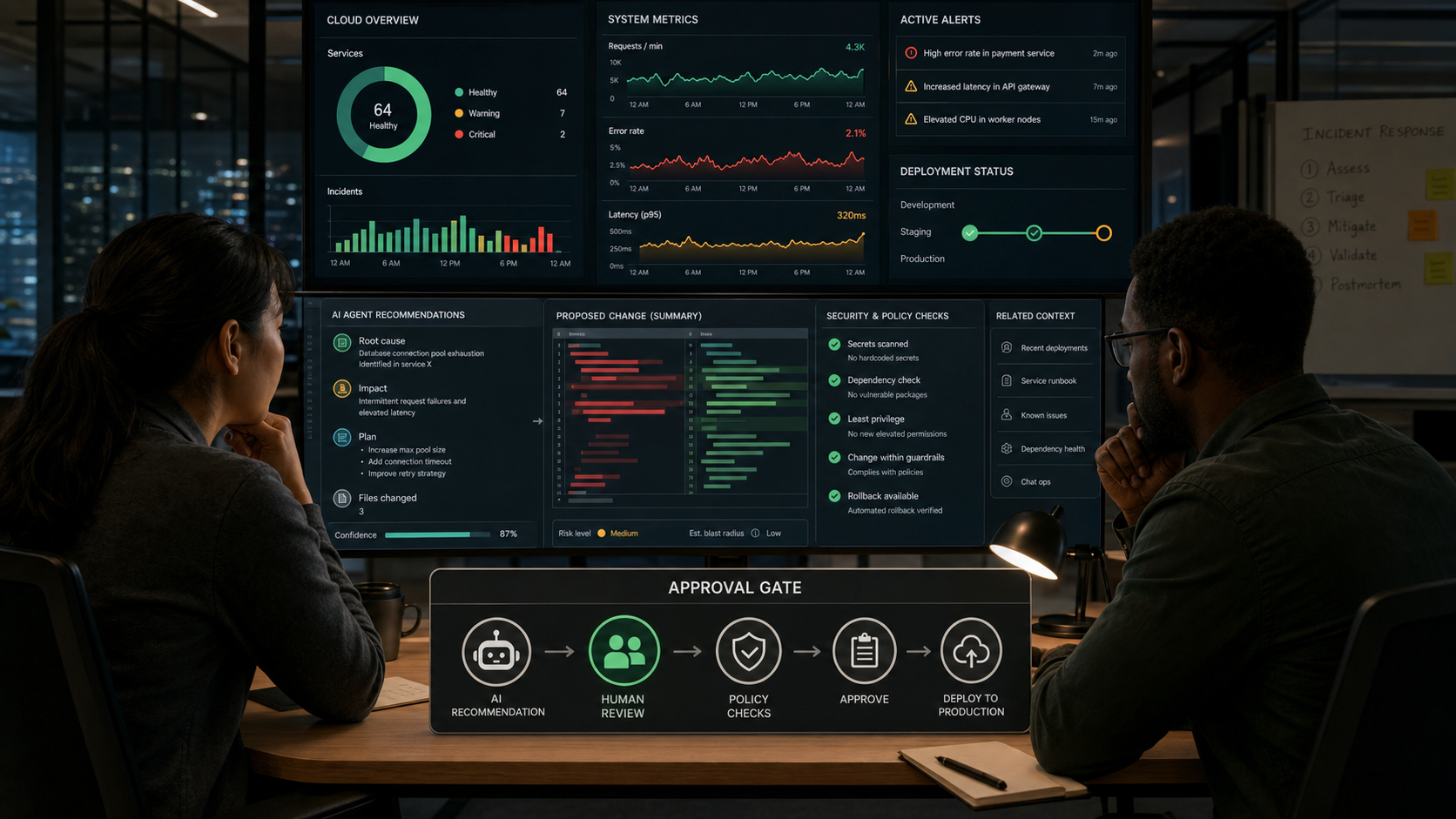 DevOps team reviewing AI agent recommendations behind a production approval gate.