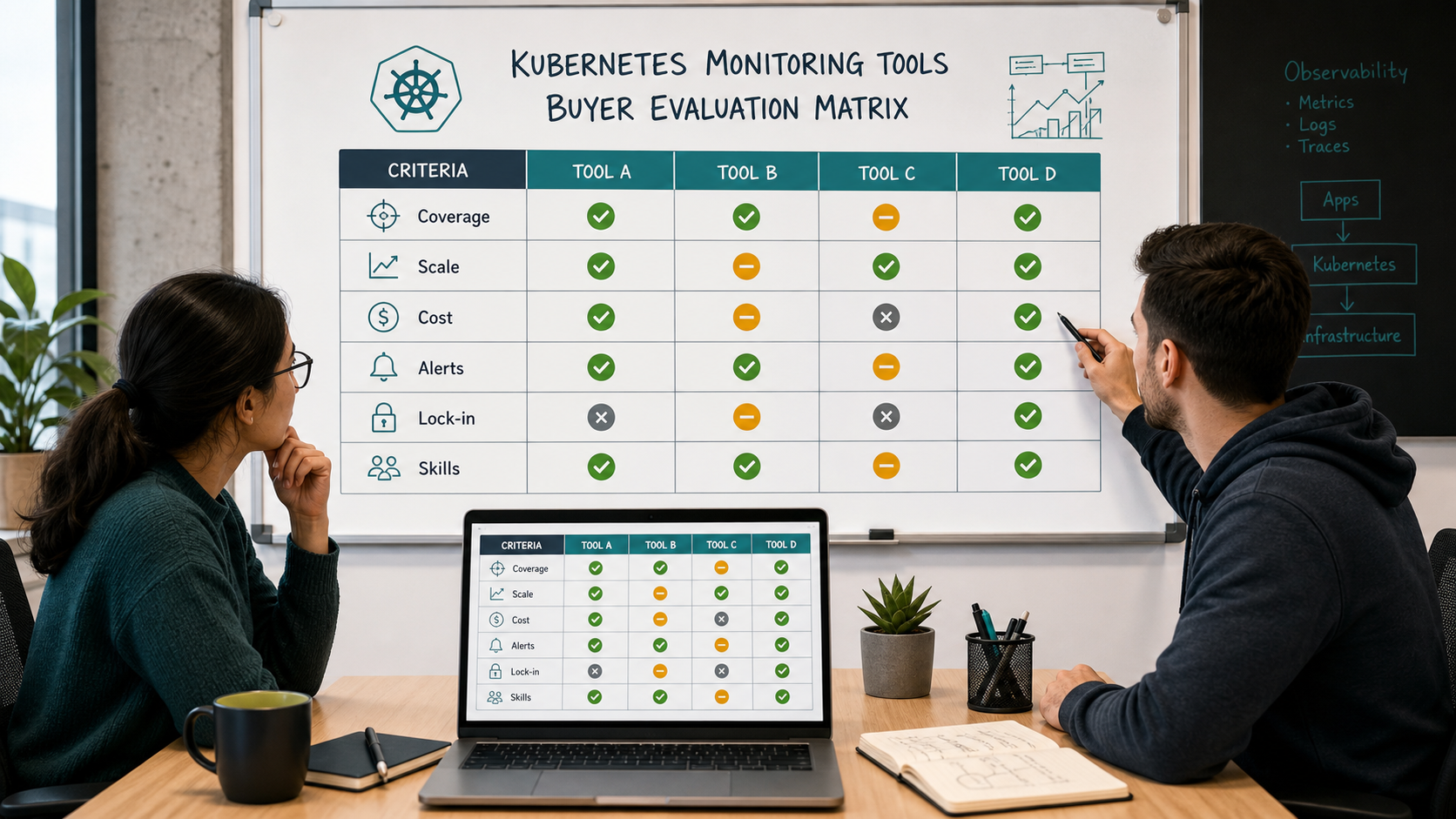 Kubernetes monitoring tool evaluation matrix with coverage, scale, cost, alerts, lock-in, and skills criteria