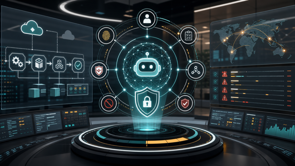 Editorial image of agent security controls around AI systems and platform engineering workflows