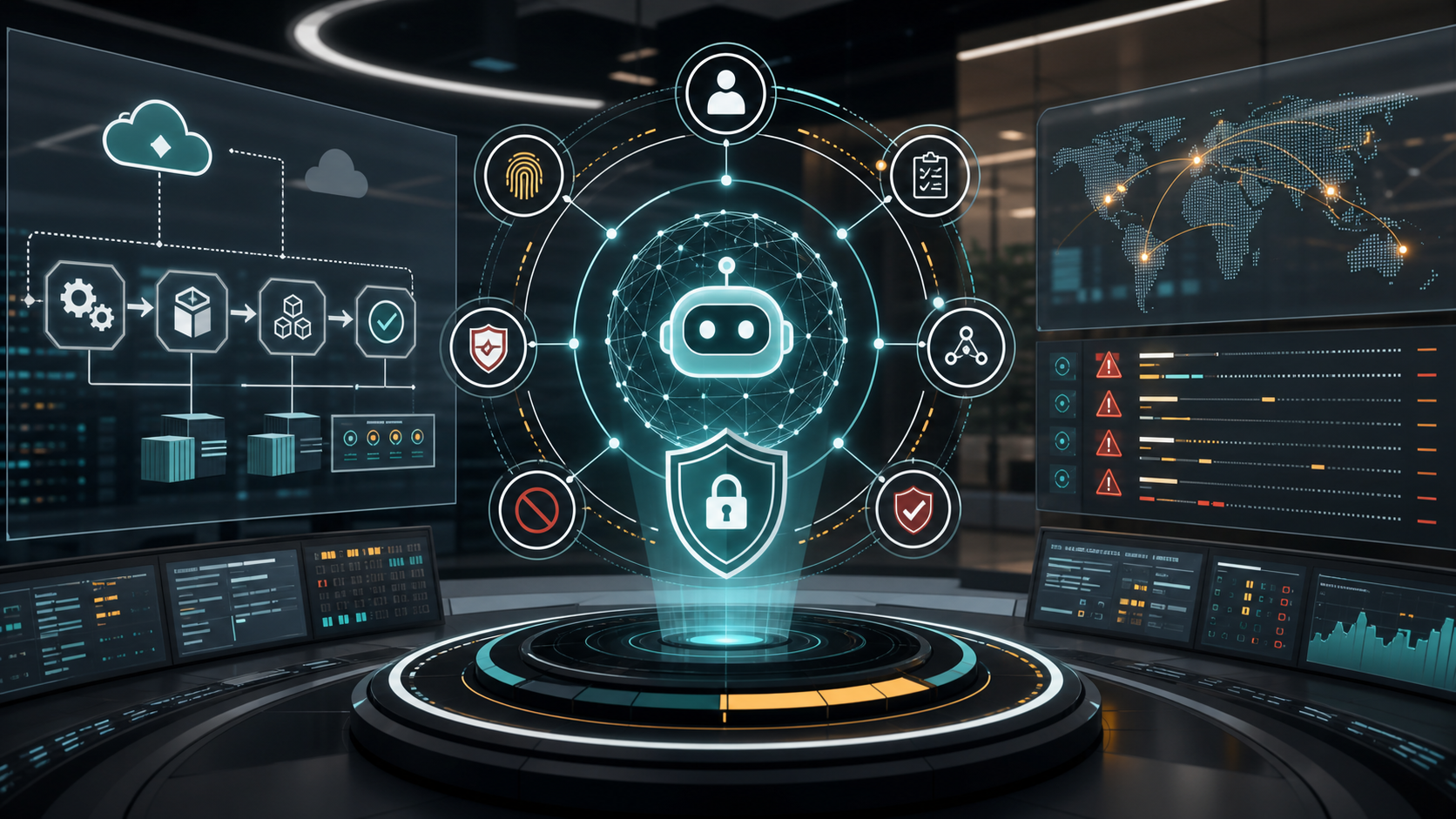 Editorial image of agent security controls around AI systems and platform engineering workflows