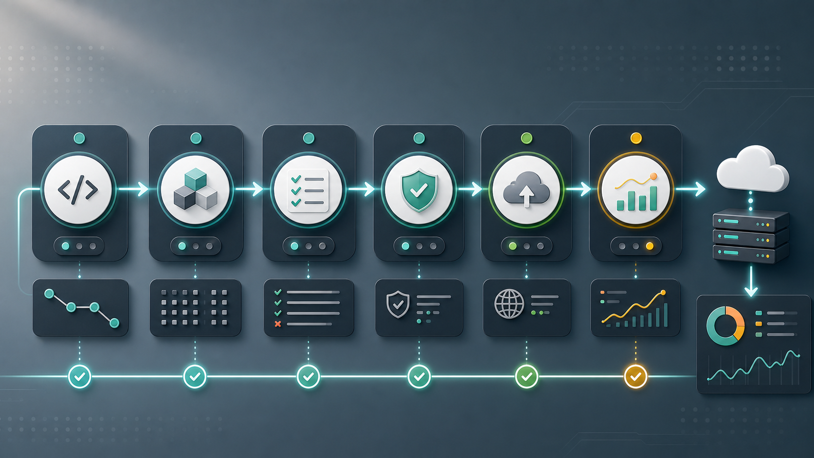 A modern CI/CD pipeline flow from code commit to build, test, security scan, deployment, and monitoring.