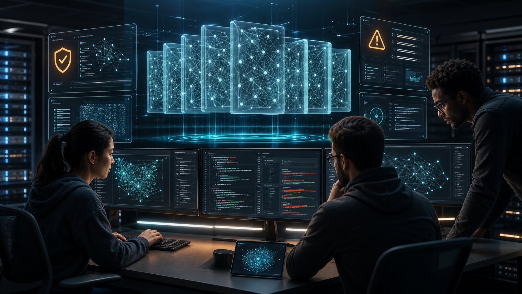 DevSecOps engineers reviewing an open-weight AI model and security scan dashboards