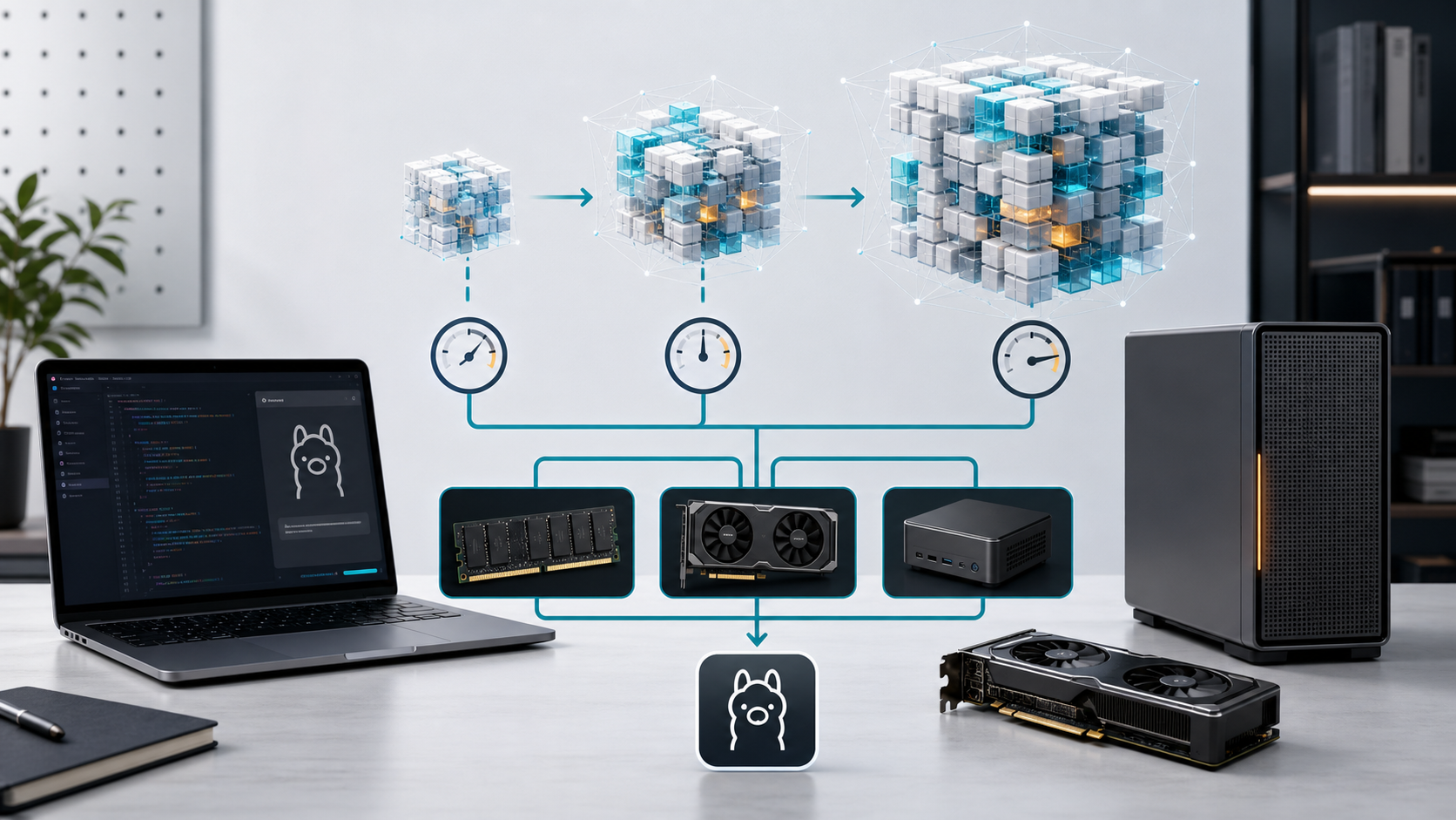 Illustration of small, medium, and large local language model blocks connected to laptop, GPU, memory, and workstation hardware planning