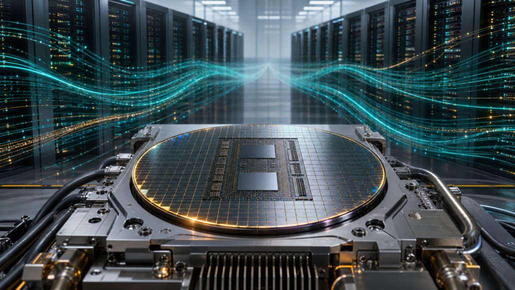 Custom AI inference processor in a data center with request streams moving through server racks