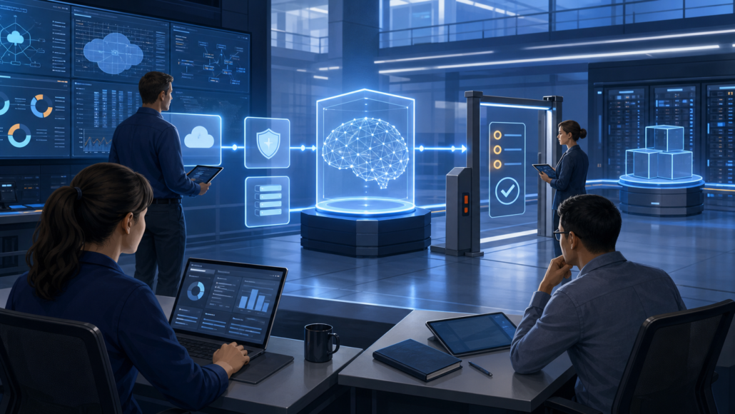 DevOps and security engineers reviewing a governed frontier AI model release in a cloud operations room