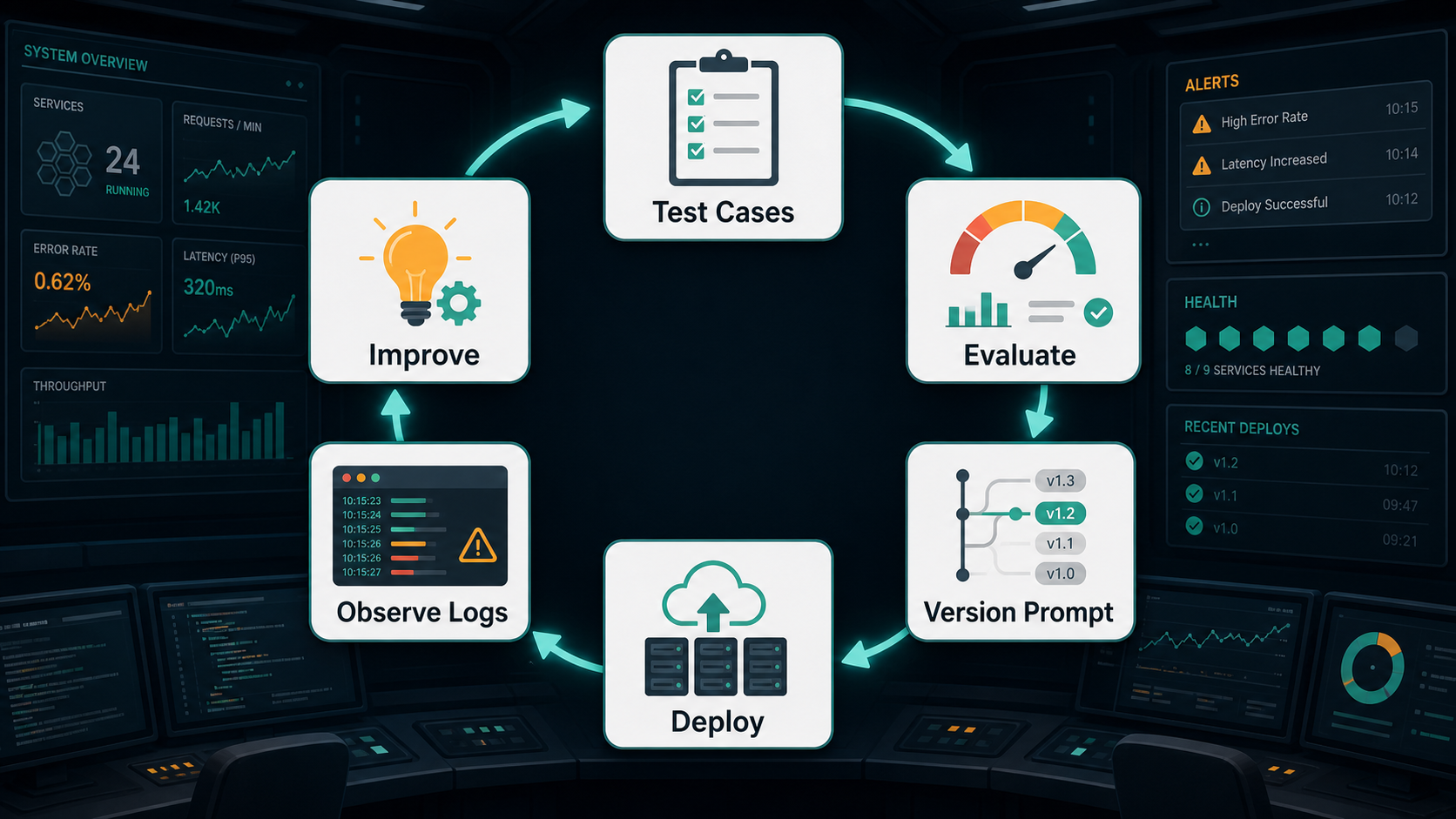 A production prompt engineering loop with test cases, evaluations, logs, prompt versions, and deployment.