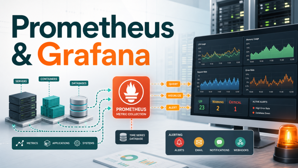 Prometheus and Grafana monitoring pipeline with metrics, dashboards, and alerts