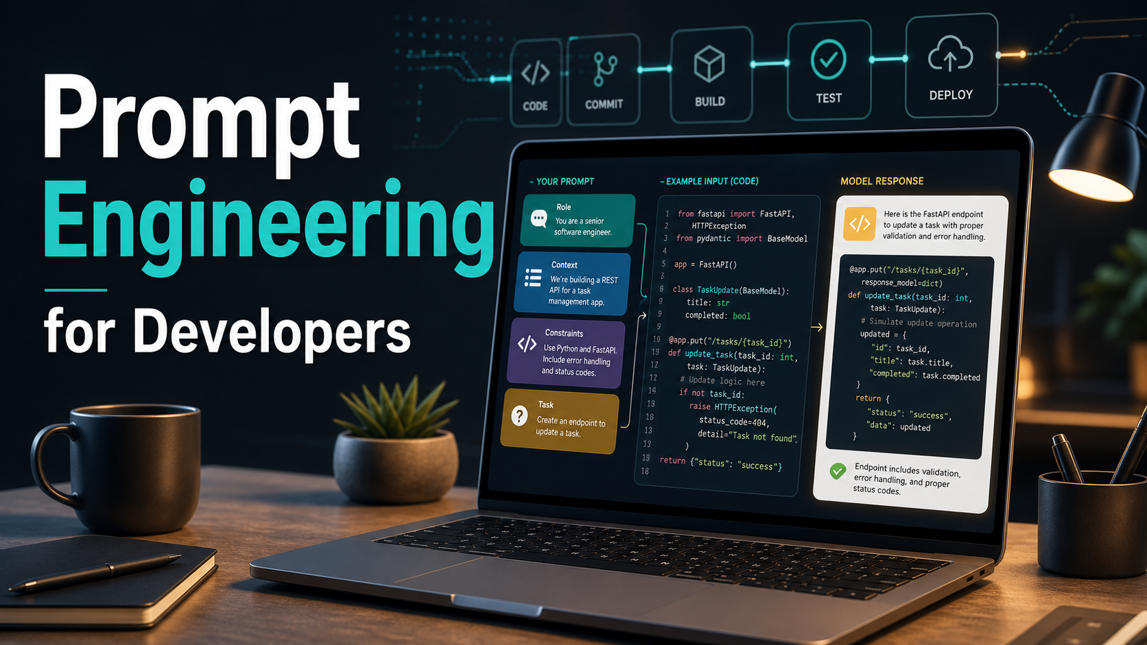 Editorial thumbnail for Prompt Engineering for Developers showing a developer workflow with prompt blocks, code, and model response.