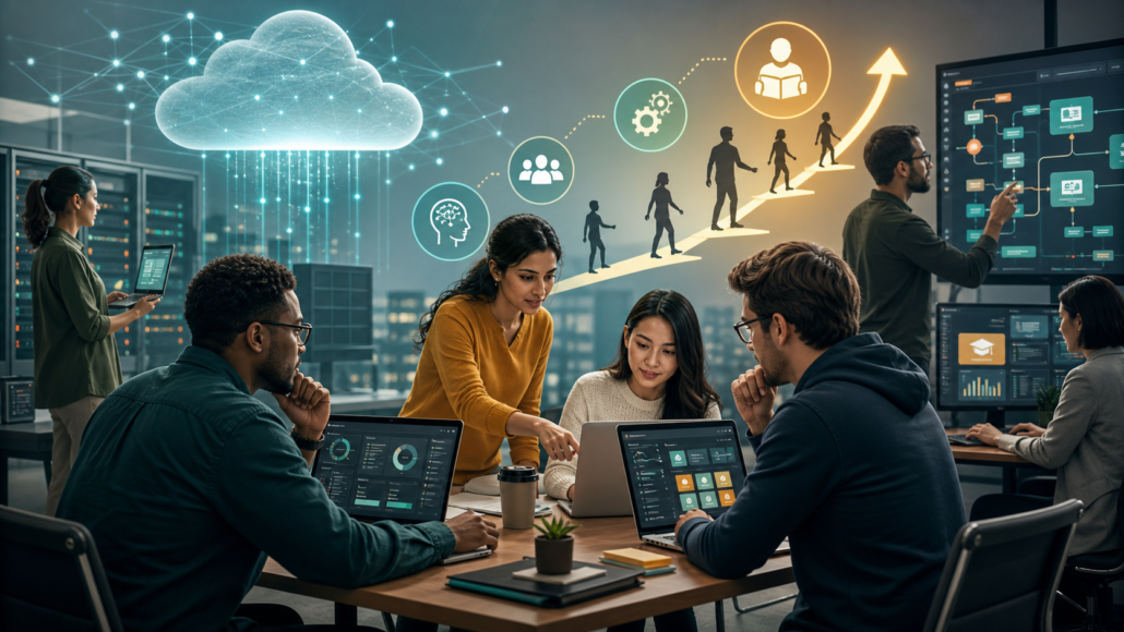 Engineers and cloud teams planning AI workforce transition with software delivery dashboards
