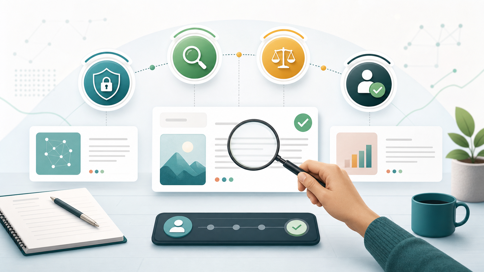 A responsible AI review visual with icons for privacy, fact-checking, fairness, and human review.