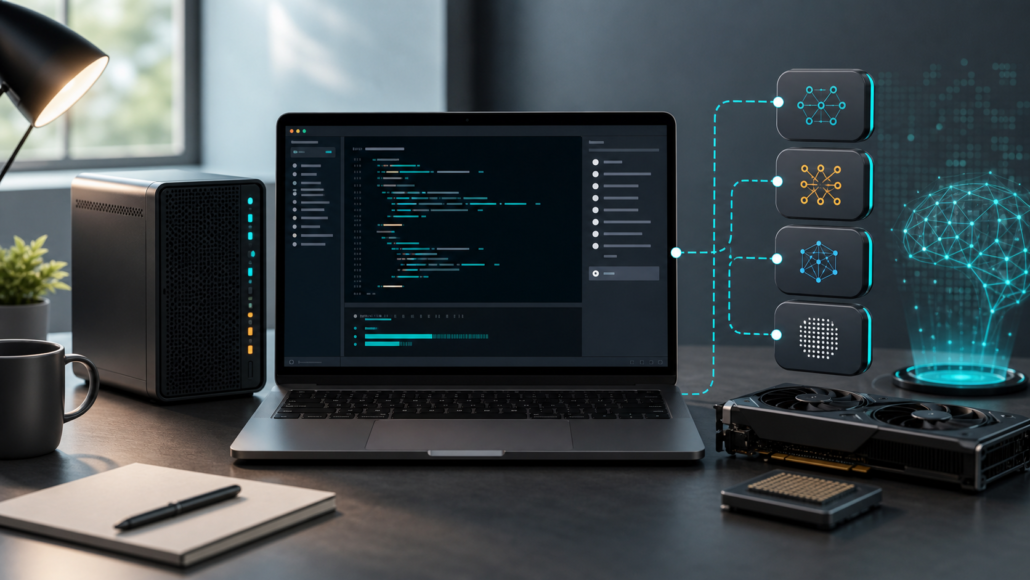 Developer workstation running local language models with Ollama, laptop terminal, model blocks, and local hardware resources