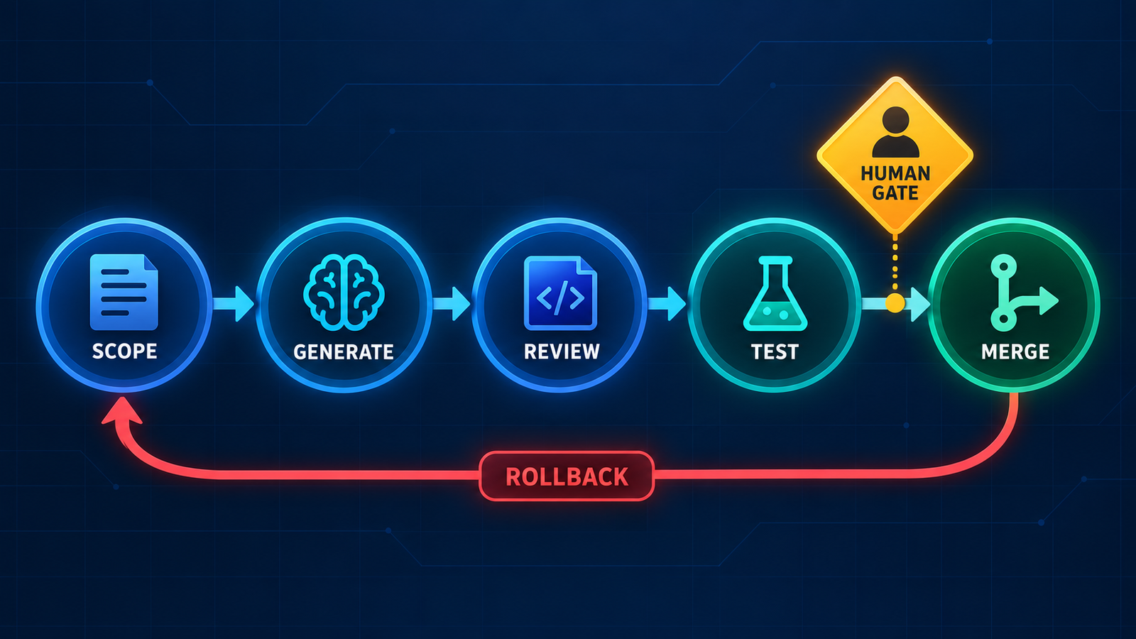 Safe AI-assisted development loop from scope through generation, review, tests and a human merge gate, with rollback