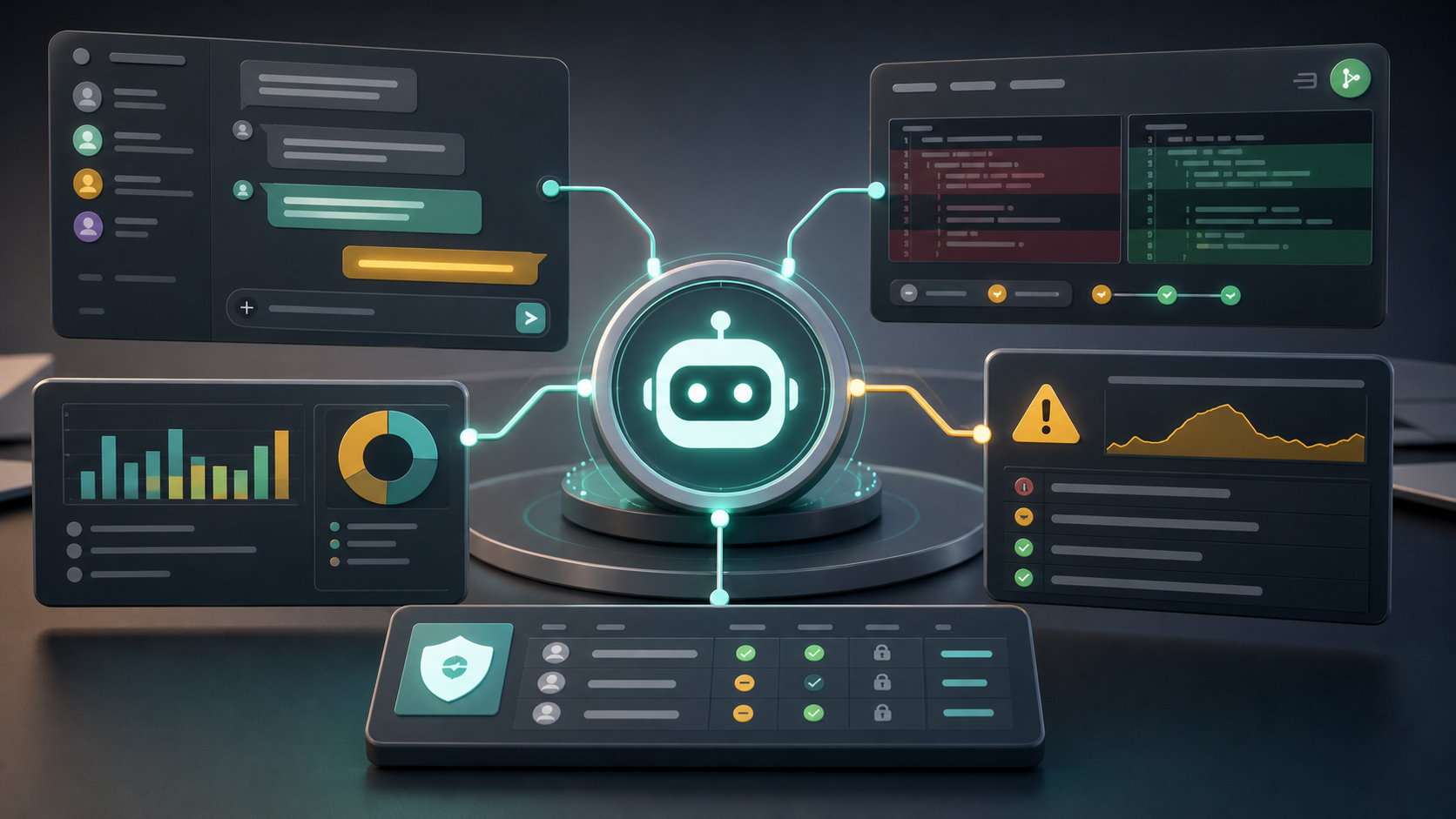 Abstract AI agent hub connected to chat, code review, cloud metrics and access controls.