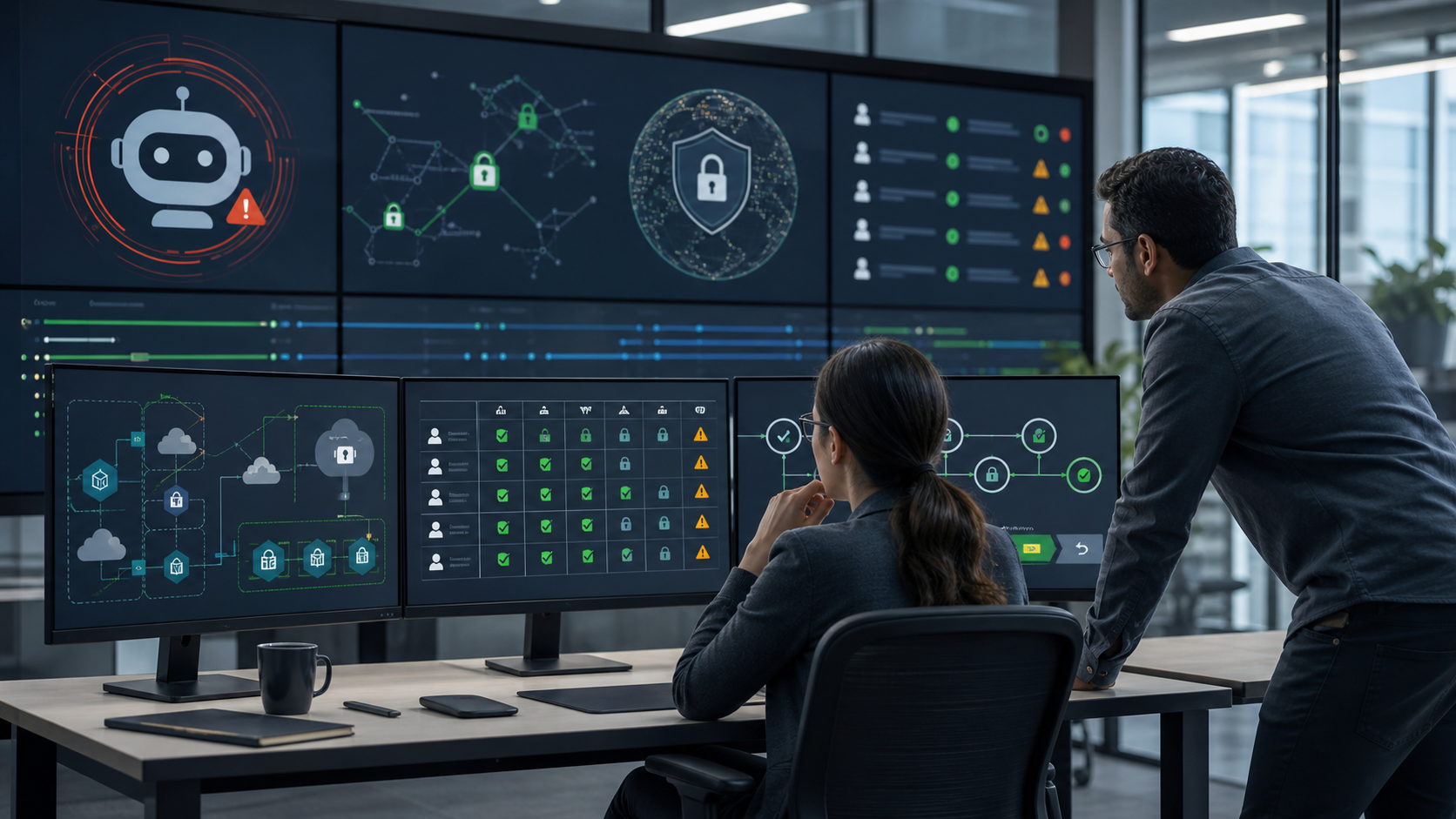 Platform engineers reviewing AI agent permissions, audit logs and deployment approval gates