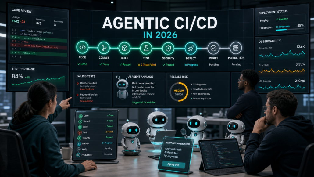 Agentic CI/CD pipeline with AI agents helping DevOps teams review, test, and deploy software safely
