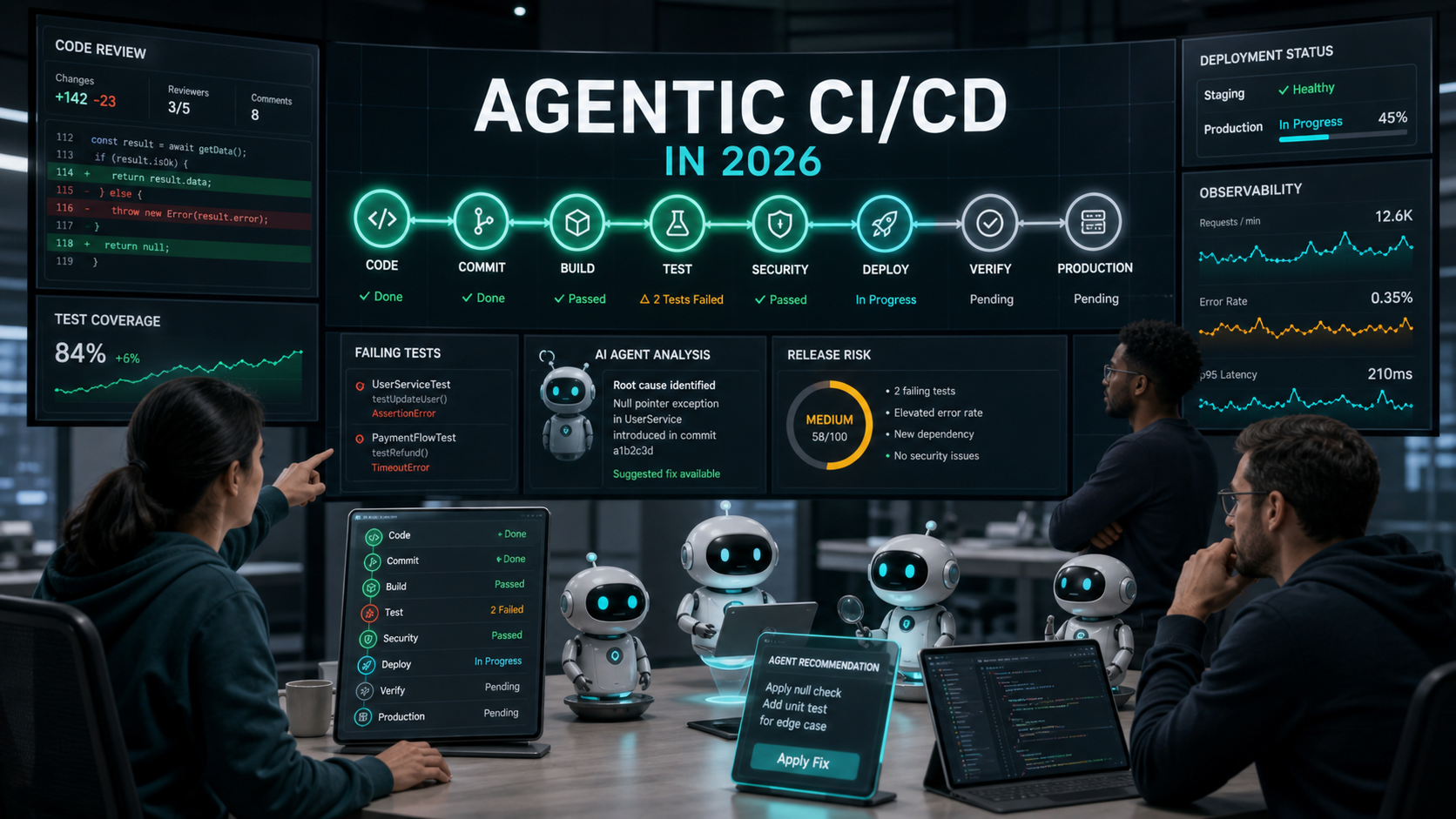 Agentic CI/CD pipeline with AI agents helping DevOps teams review, test, and deploy software safely