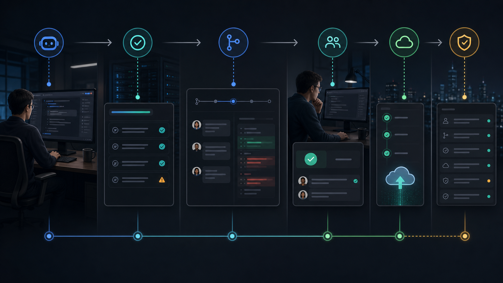 Illustration of an AI coding agent moving through tests, pull request review, deployment gates and human approval.