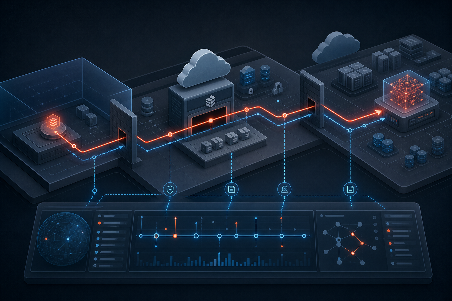 Illustration of an autonomous AI agent path crossing sandbox, gateway and cloud boundaries while defenders reconstruct the incident from telemetry