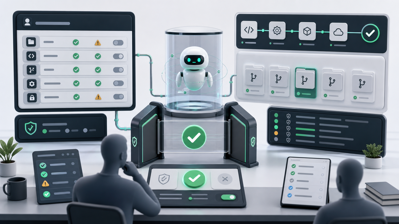Illustration of platform engineers reviewing AI agent permissions, CI/CD stages and audit logs before approval.