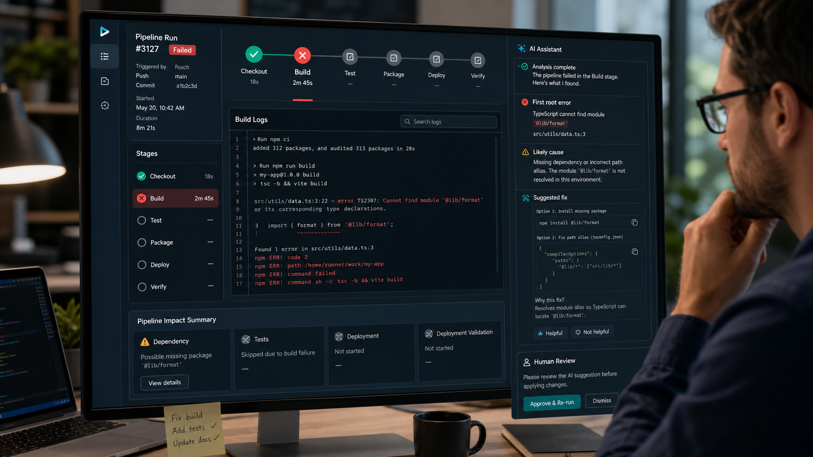 AI-assisted CI/CD pipeline debugging failed build logs and deployment checks