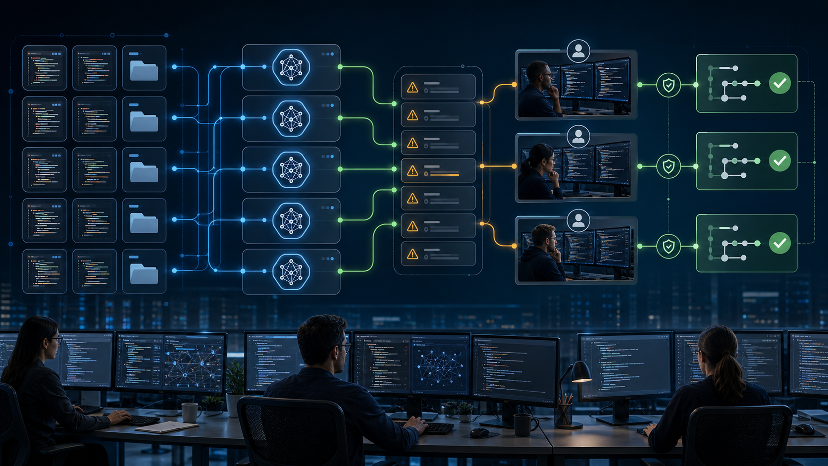 Parallel AI agents scanning code repositories with human approval checkpoints
