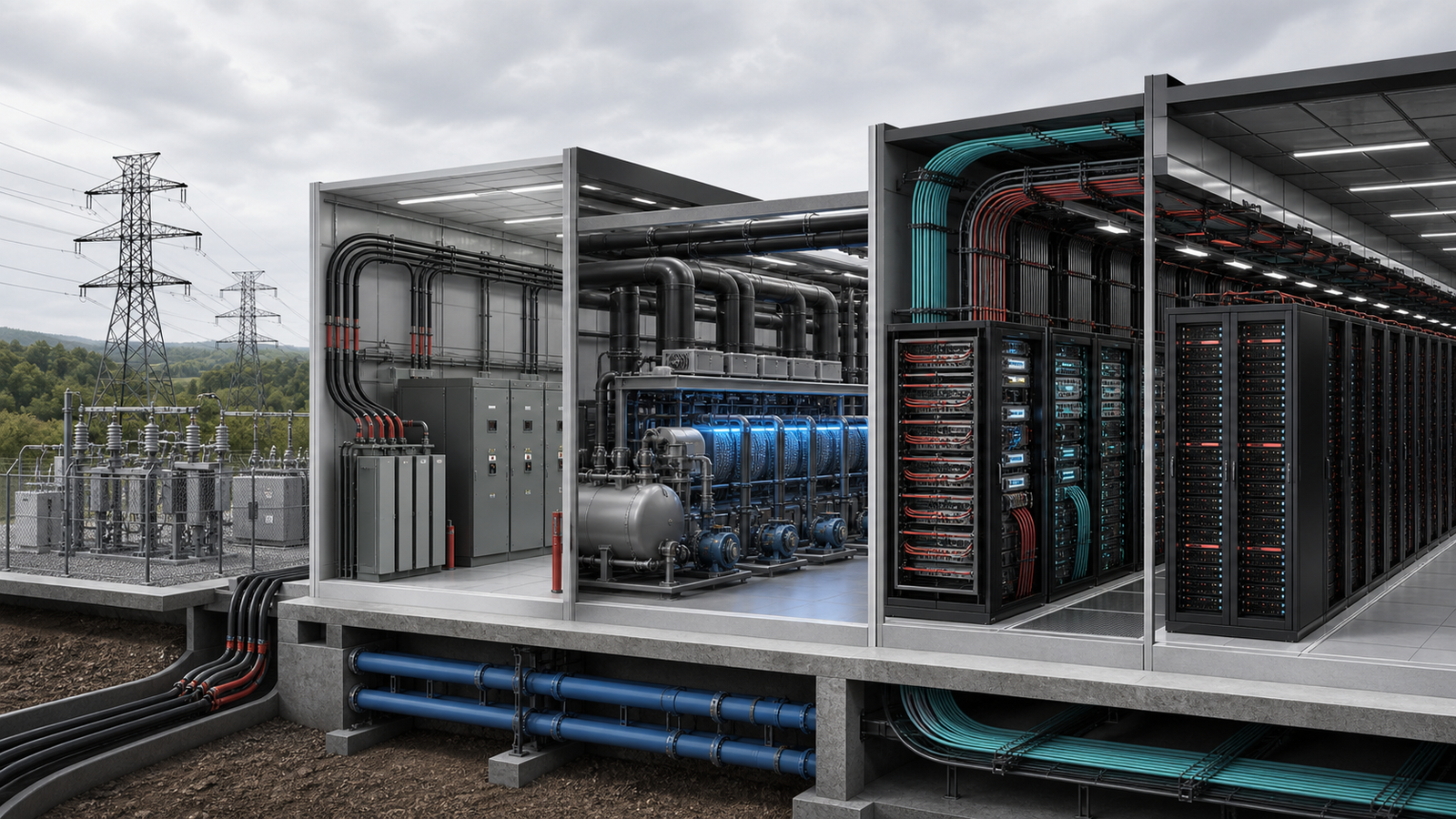 Diagram-style illustration showing utility power, cooling, network fabric and accelerator racks inside an AI data centre.