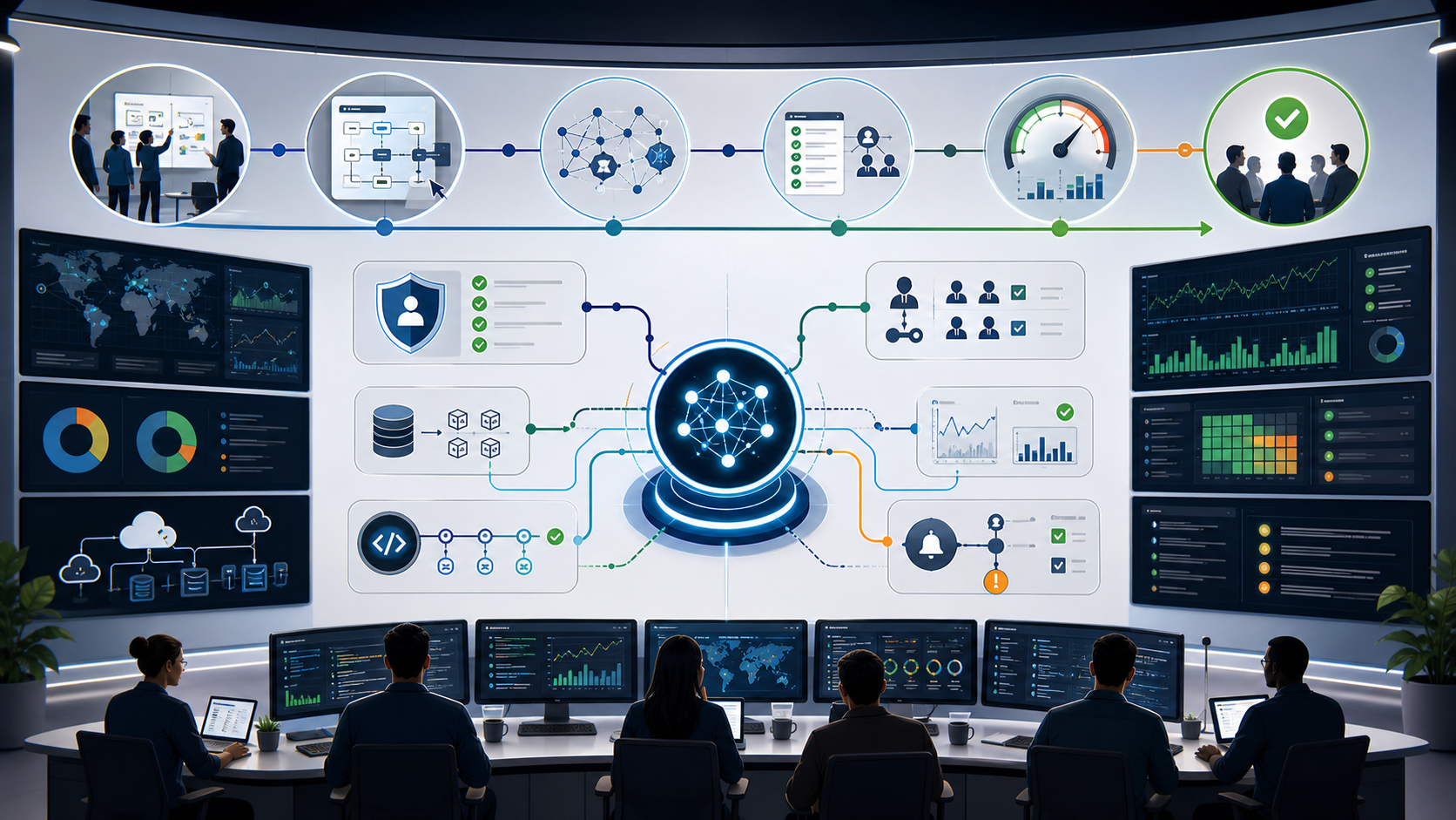AI deployment governance control room showing monitoring, security, evaluation and operations handoff for production systems.