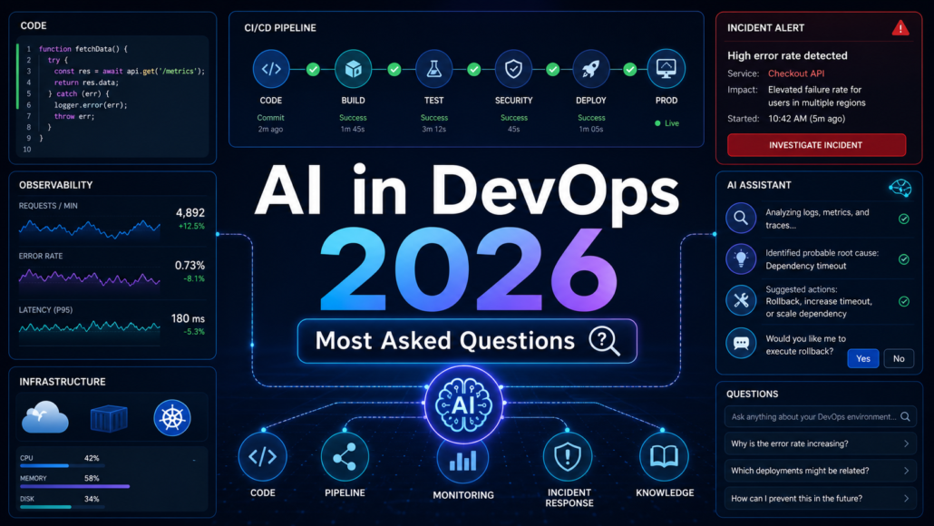 AI in DevOps 2026 thumbnail showing pipelines, observability dashboards, incident response, and automation questions.