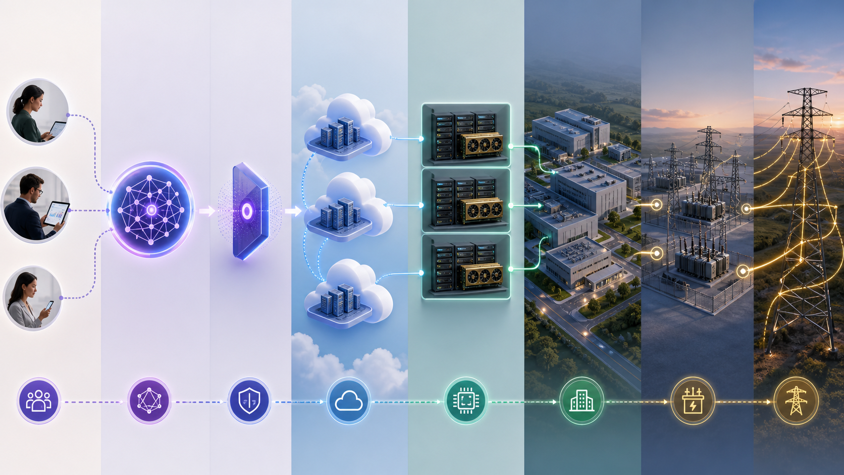 Editorial graphic showing AI demand flowing through cloud capacity, accelerator racks, data centers and the power grid