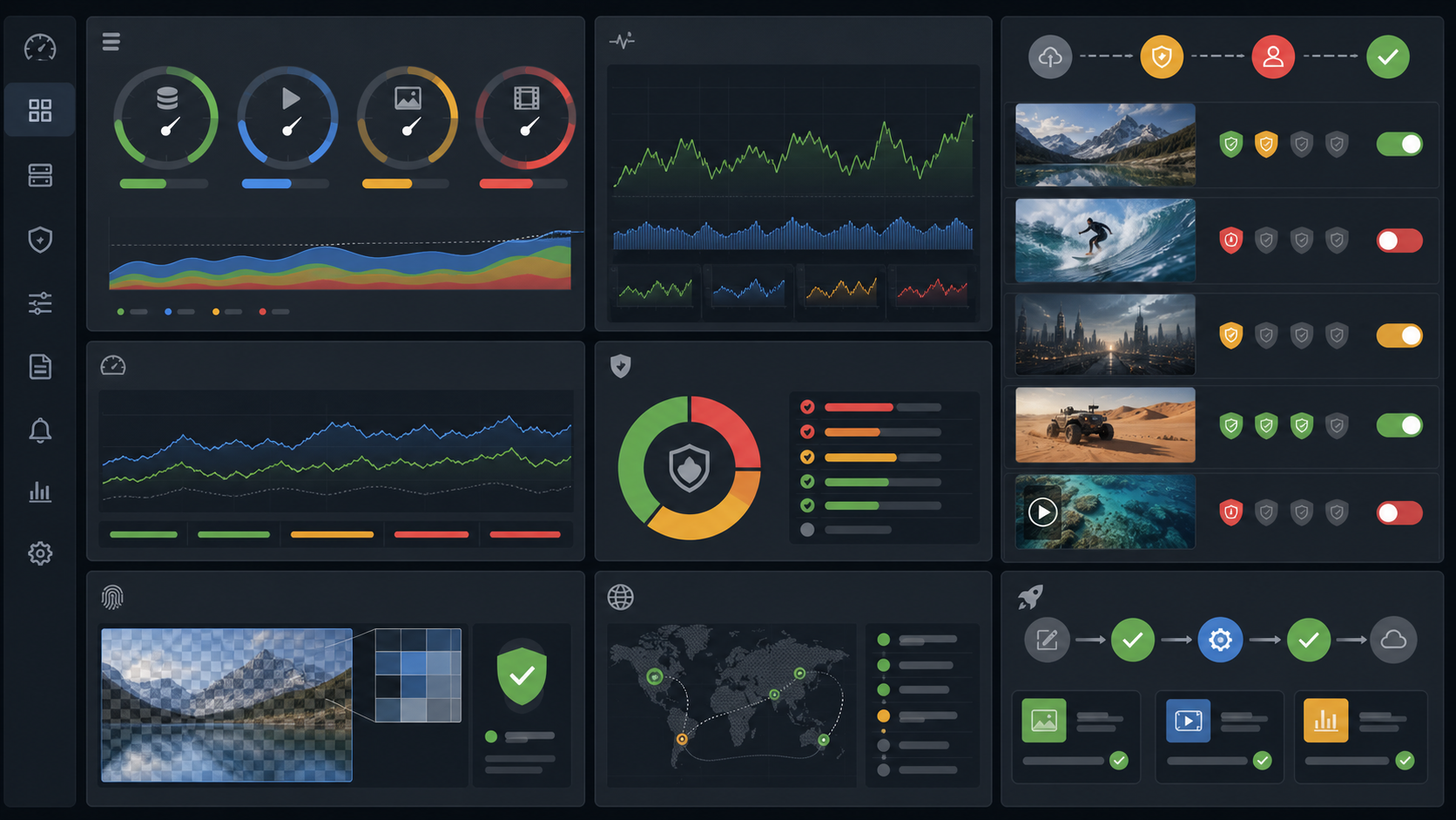 Dashboard-style illustration showing cost meters, latency charts, approval gates and SynthID provenance checks for AI media workloads