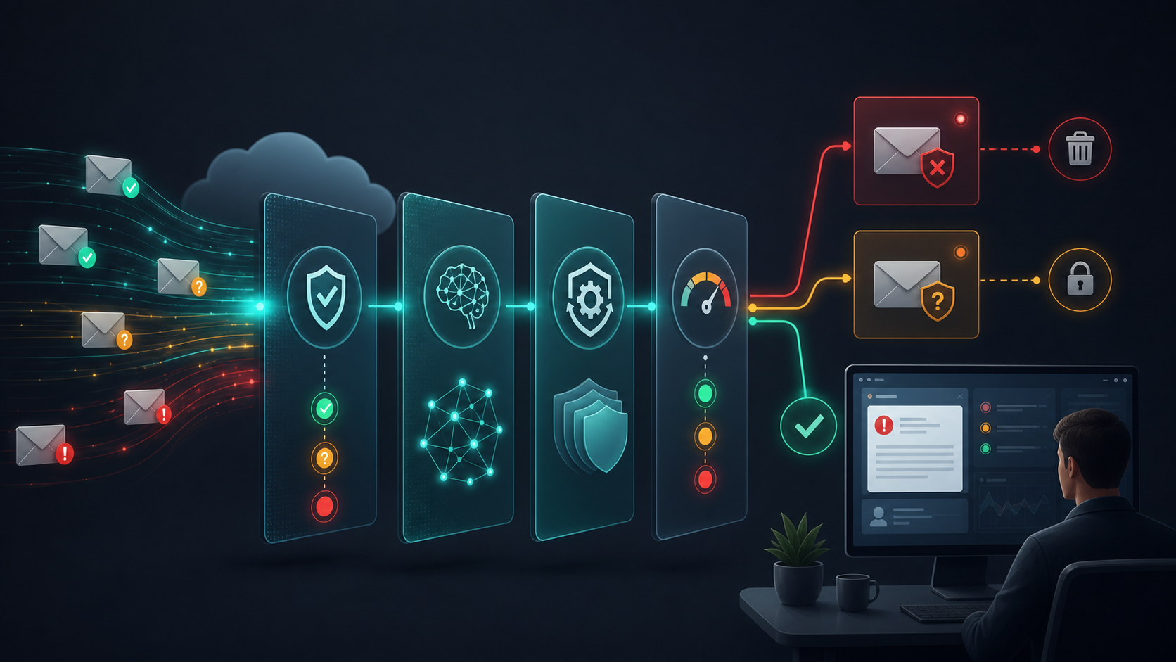 Multi-stage email security pipeline showing authentication checks, AI context analysis, risk scoring and security-team review.