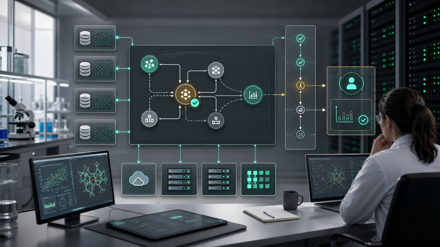 Secure research workbench showing AI agents, databases and compute jobs connected through an auditable workflow.