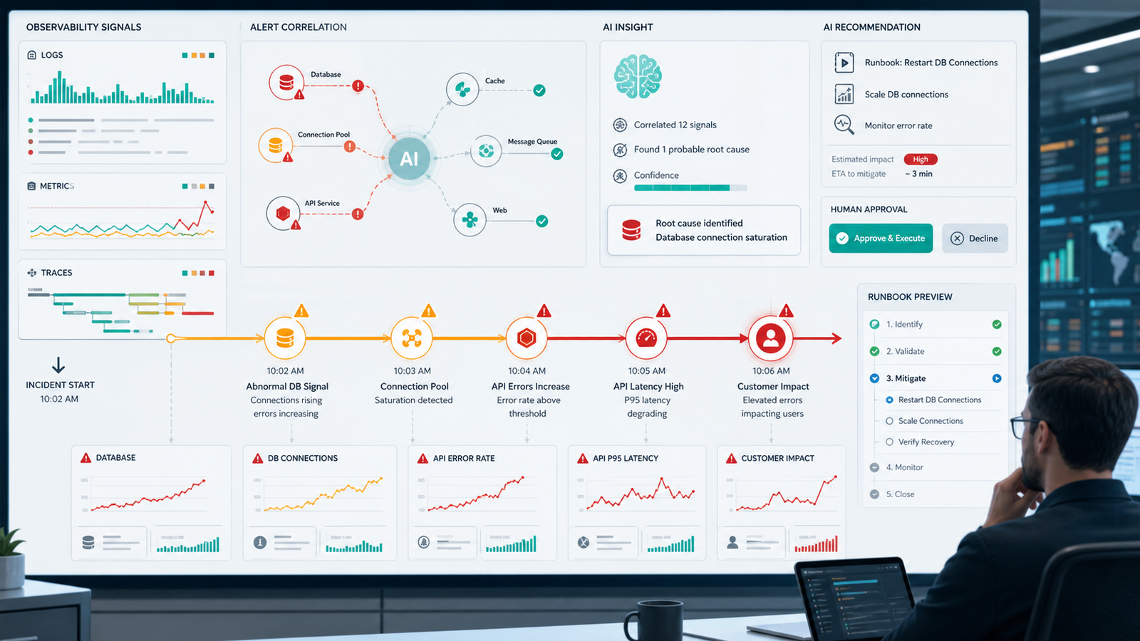 AIOps incident timeline correlating logs metrics traces and alerts